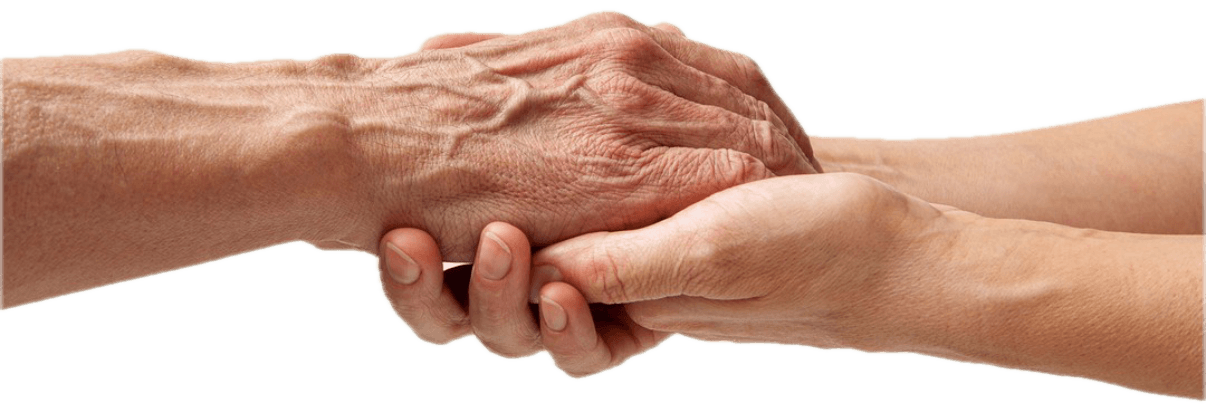 An older hand held gently in a younger person's hands